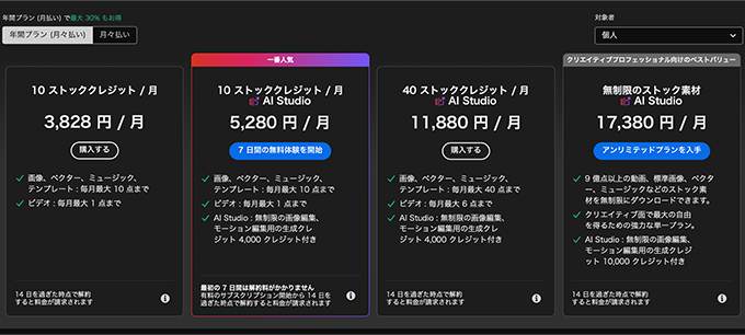 adobestock個人版年間プラン料金