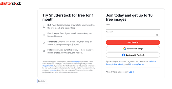 shutterstockの英語表示バージョン